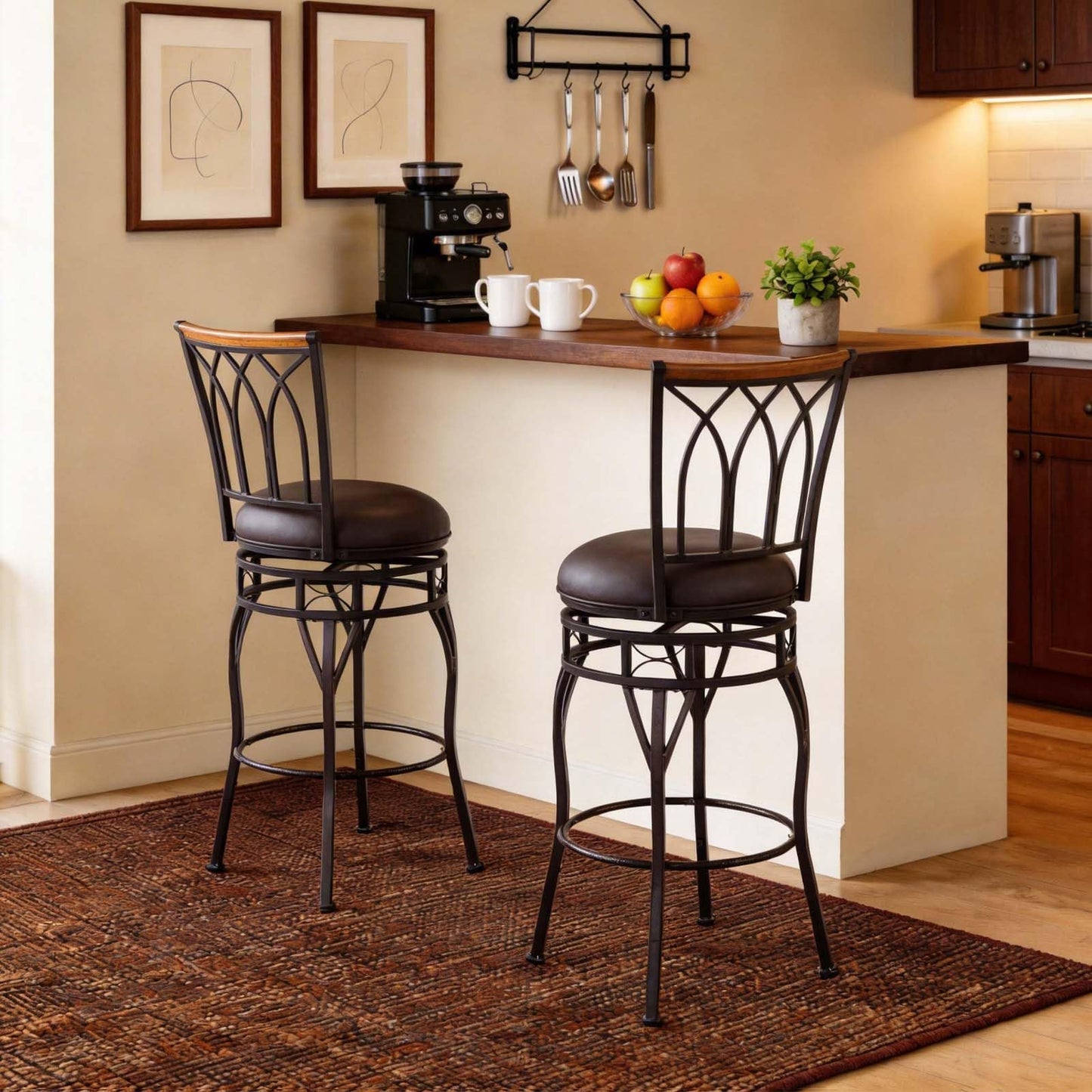 MIITODAY Farmhouse Swivel Bar Stools with Backs Set of 2, Adjustable 25"/30" Industrial Counter & Bar Chairs with Brown PU Leather, Antique Brass Metal, Vintage Rustic Wood for Kitchen, Pub, Bistro