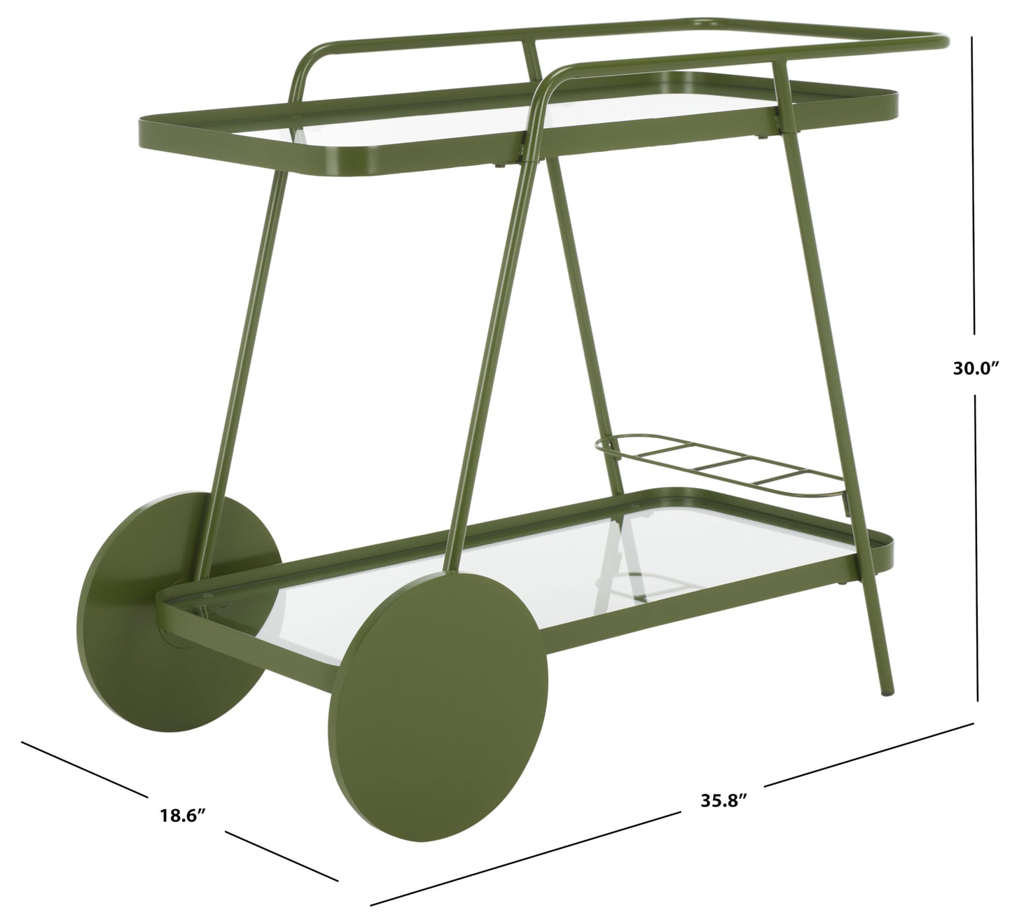 SAFAVIEH Home Collection Zunia Green/Clear Glass 2-Tier Bar Cart with Wheels