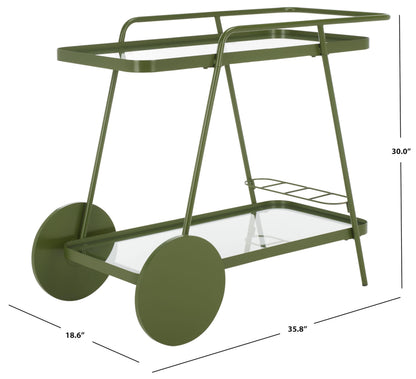 SAFAVIEH Home Collection Zunia Green/Clear Glass 2-Tier Bar Cart with Wheels