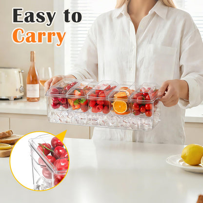 ARSTPEOE Condiment Tray, Chilled Condiment Server for Home, Party, Celebration, Bar Garnish Holder on Ice, Bar Accessories Fruit and Salad with Removable Trays and Lids (5 Spoons & 2 Tongs)