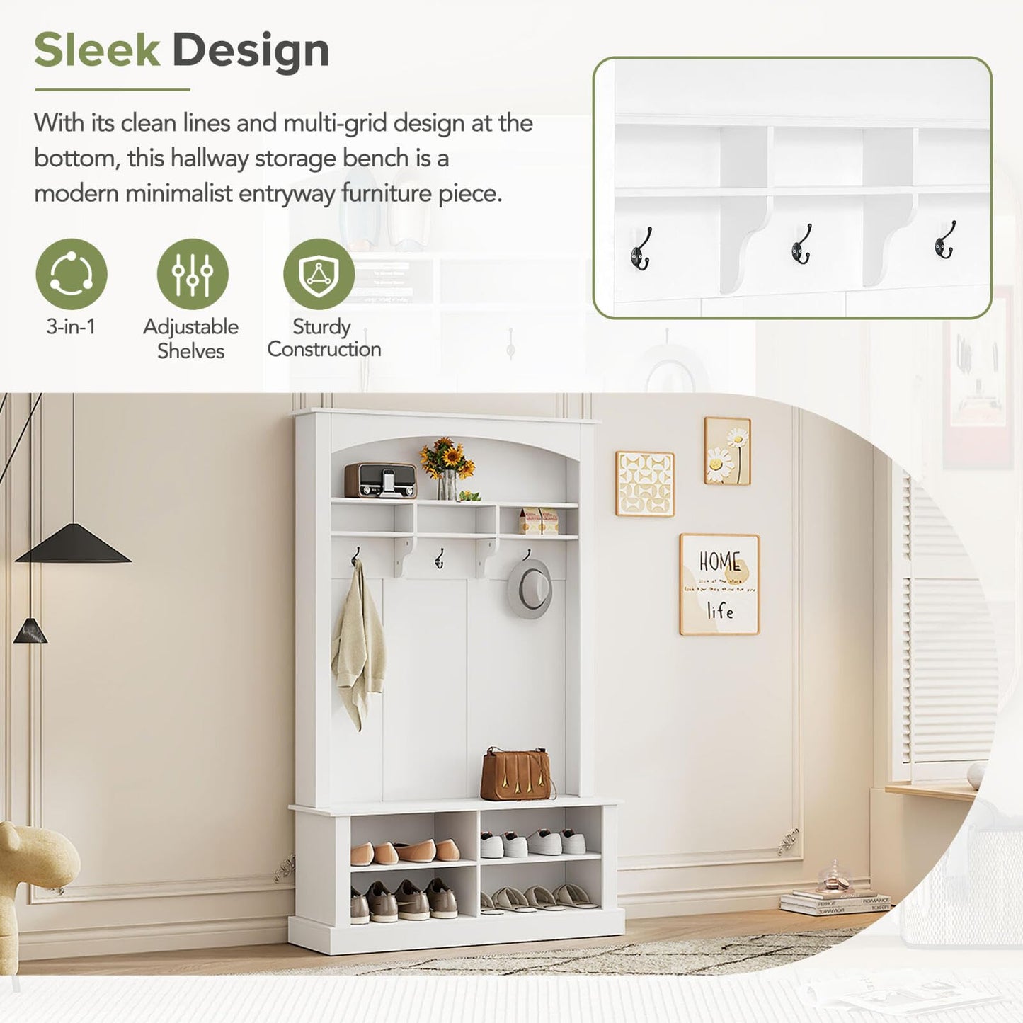 HEIDOUHEI Hall Tree with Bench Shoe Storage Entryway Coat Rack 47.2'' Wide Multi-Functional 3 Hanging Hooks Open Space Rectangle Shelves Farmhouse Boho Furniture Organizer Hallway