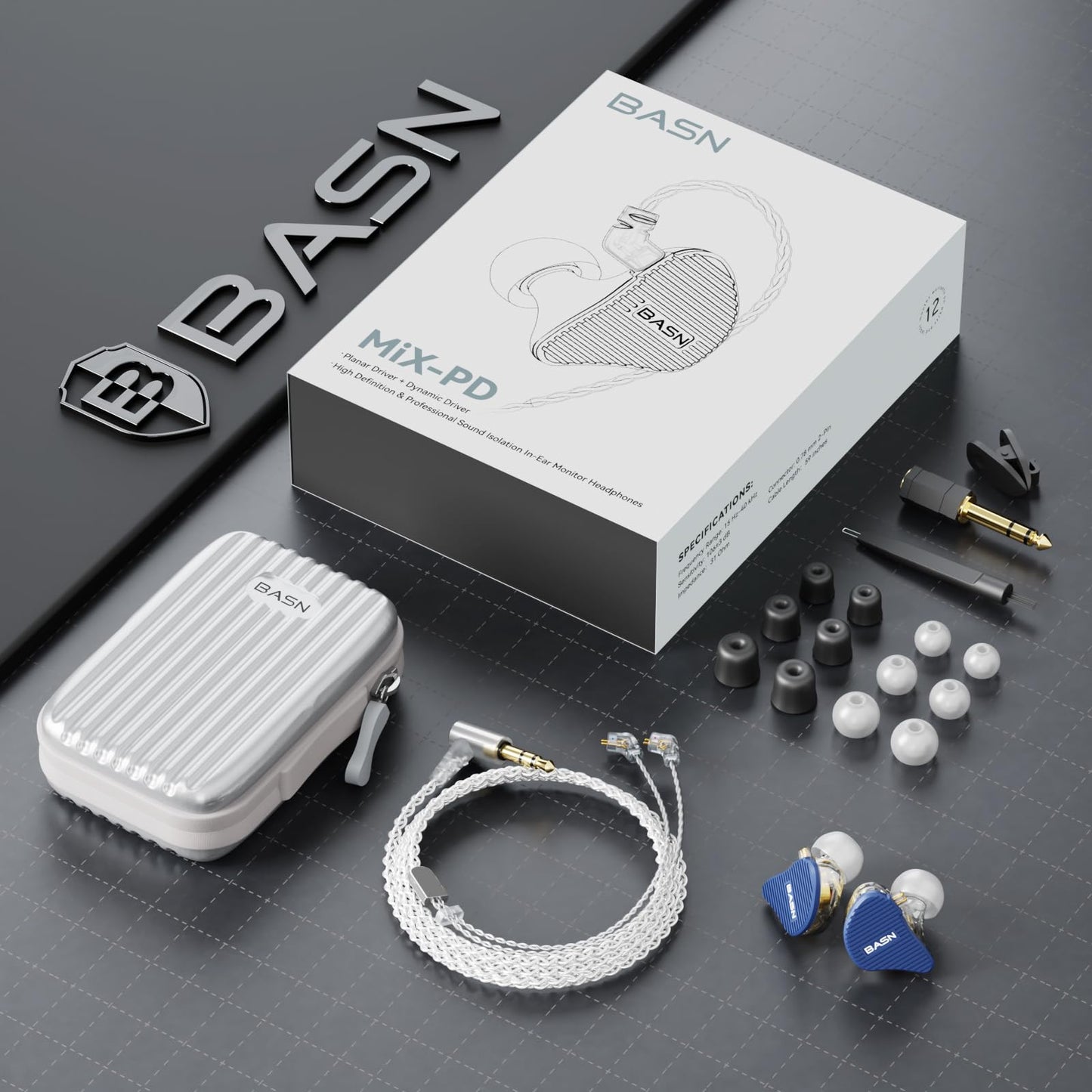 BASN Mix-PD in Ear Monitor,1Planar Driver + 1Dynamic Driver HiFi IEM Earphones with CNC Crafted Metal Cover, Wired 0.78mm 2-Pin Silver Plated Detachable Cable for Musicians (Blue)