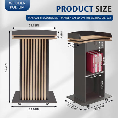 Wooden Podium Stand with Wheels, Pulpitos para Iglesias, Podium Board 17mm Thick, Lockable Drawer, Comes with Dust Cloth Durable and Mobile Lectern, Suitable for Churches, Meeting Room