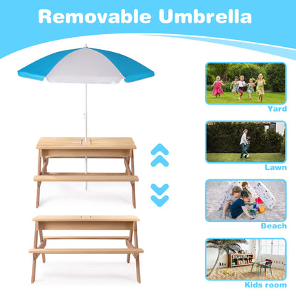 3 in 1 Outdoor Wooden Picnic Table with Umbrella, Convertible Sand Wate, Gray CPSIA Certification