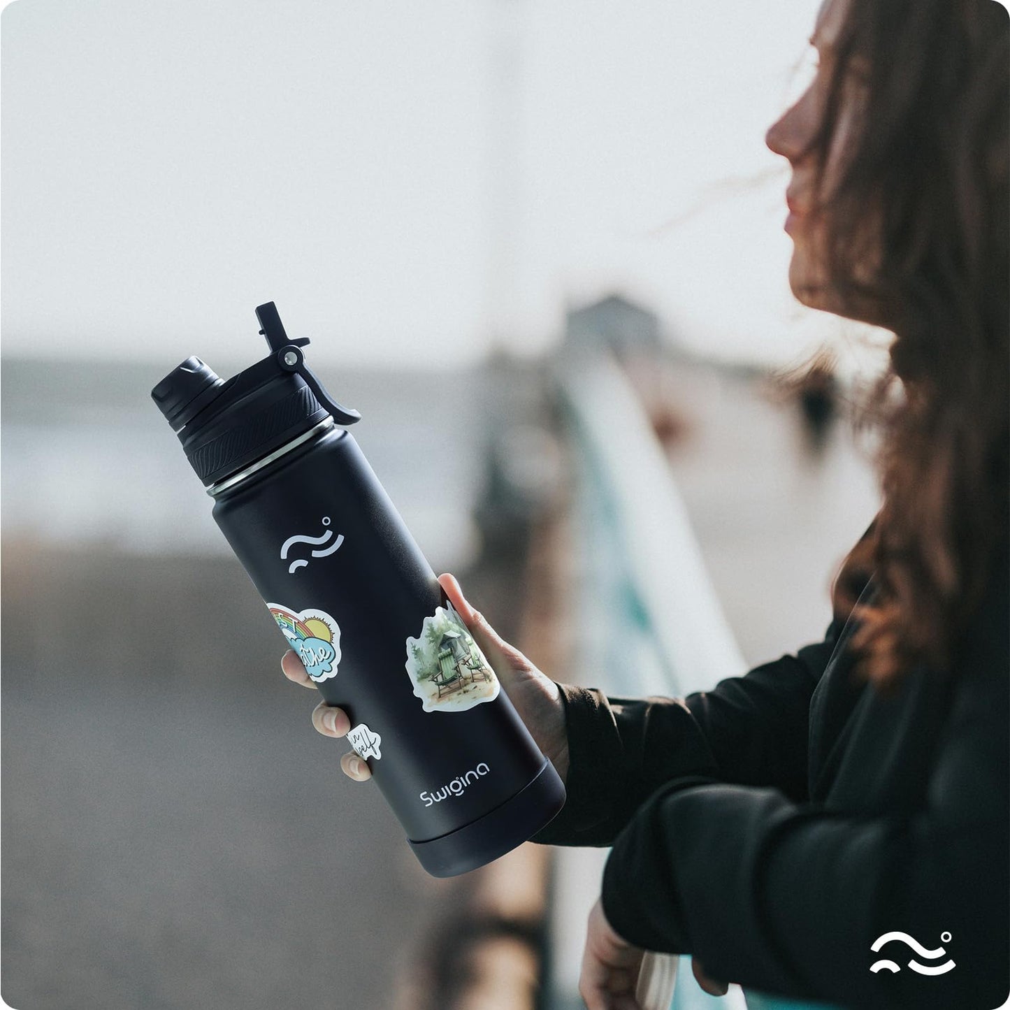 Swigina [2-IN-1 LID] Insulated Water Bottle with Silicone Boot (36hrs Cold/18hrs Hot) - DIY Stickers, Leakproof, BPA Free, Black, 24 oz