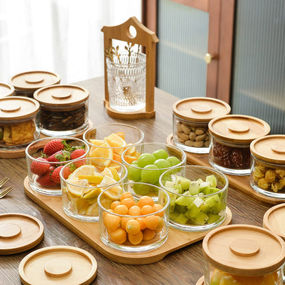KVMORZE Chip and Dip Serving Set with Bamboo Tray, Snack Candy Fruit Nut Serving Platter, Small Glass Dipping Serving Bowls with Lids for Condiments, Side Dishes, Pre, Dessert, Salsa (4 Slots)