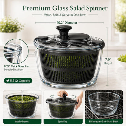 LYTYCJD Large 5.2 Qt Glass Salad Spinner Vegetable Dryer with Drain Microwave Safe Dishwasher Safe with Transparent Lid Crank Handle Quick Spin Greens Washer for Lettuce Herbs Fruits (black)