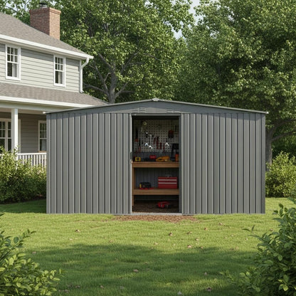 YOPTO 11x13 FT Outdoor Storage Shed,Metal Waterproof Tool House with Firewood Shed and 2 Integrated Punched Vents,2-in-1 Garden Storager Apex Roof Shelter w/Window & Door for Wood,Bicycles,Grey