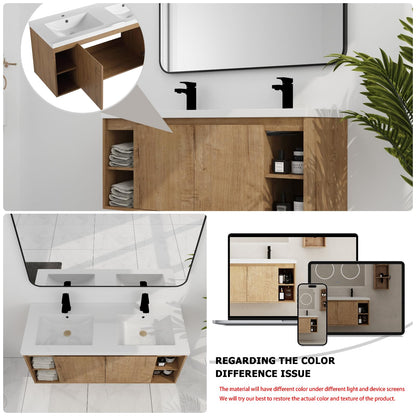 Trygoal Floating Bathroom Vanity, 48" Bathroom Storage Cabinet with Double Resin Sinks, 2 Soft-Close Doors & 4 Open Storage Shelves, Modern Wall-Mounted Vanity with 45° Bevel Handles, Oak