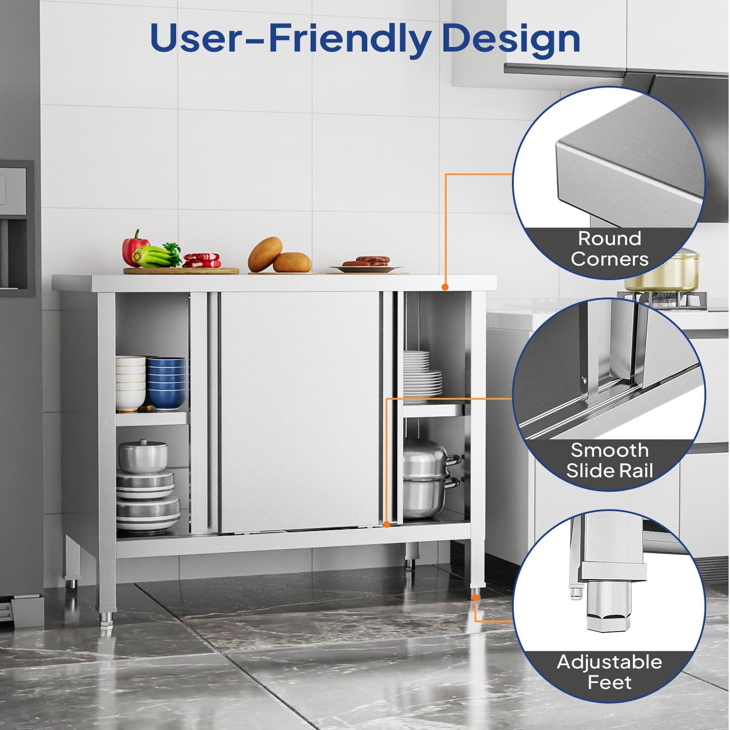 ROVSUN Stainless Steel Table with Cabinet 39 x 19 inches, NSF Commercial Heavy Duty Kitchen Table for Prep & Work, Kitchen Cabinet with 2 Sliding Doors for Restaurant, Home, Hotel, Garage, Laundry