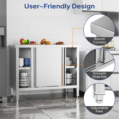 ROVSUN Stainless Steel Table with Cabinet 39 x 19 inches, NSF Commercial Heavy Duty Kitchen Table for Prep & Work, Kitchen Cabinet with 2 Sliding Doors for Restaurant, Home, Hotel, Garage, Laundry