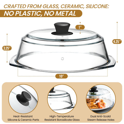 2 in 1, Tall Glass Microwave Splatter Cover for Food & Microwave Place Mat, Plate Splatter Guard Lid with Silicone Handle Knob, Cookware & Bakeware Serving Dish Cover, Food Grade, No Plastic, 10in