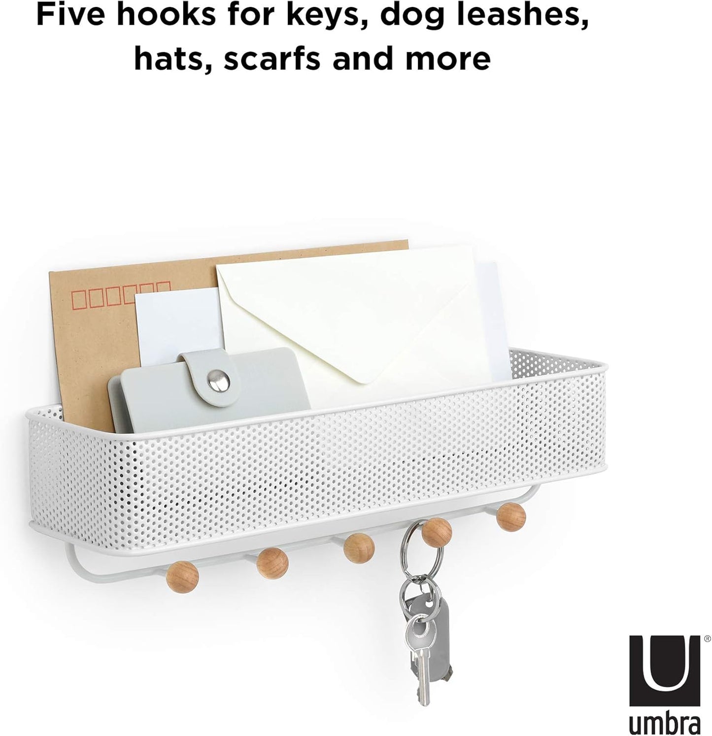 Umbra Estique Entryway Organizer – Great for Storing Keys, Small Accessories, Mail, Wallets and More, White Finish