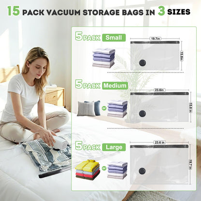 Mapambo Vacuum Storage Bags with -60000Pa USB Pump, 15 Pack Vacuum Seal Bags for Clothing Travel in 3 Sizes, Travel Vacuum Bags with Pump, Saving up to 80% of Luggage Space (15 Combo Size)
