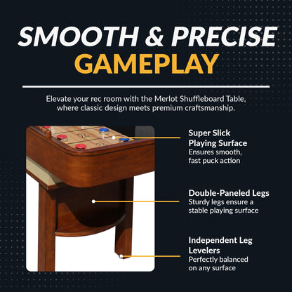Hathaway Merlot 12 Foot Shuffleboard Table for Family Game Room - with Lacquer Coated Playfield, Built-in Scorer and Cabinet, Climate Adjusters, Leg Levelers, 8 Pucks, Brush, and Wax - Walnut Finish