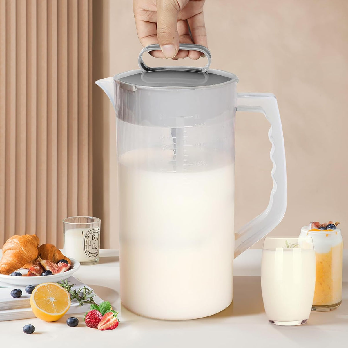 2 64oz Mixing Pitcher for Drinks, Quart/ Plastic Water Pitcher with Lid, Angled Plastic Blades and Adjustable Mixer
