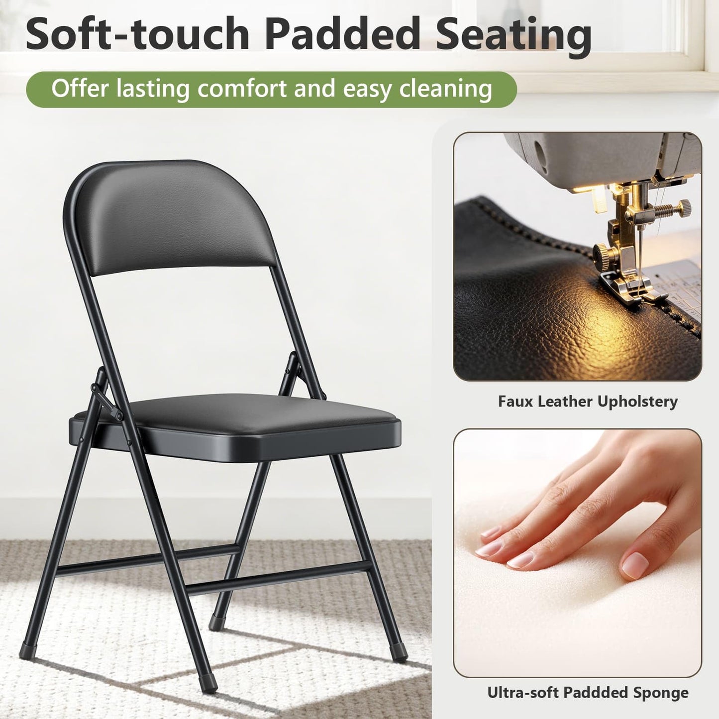 MAKE CHANGES Folding Dining Chairs Set of 10 - Modern PU Leather Folding Chairs with Cushion Seat & Back Metal Legs Kitchen Chairs Folding Chair Set for Kitchen/Living Room/Bedroom/Parties (Black)