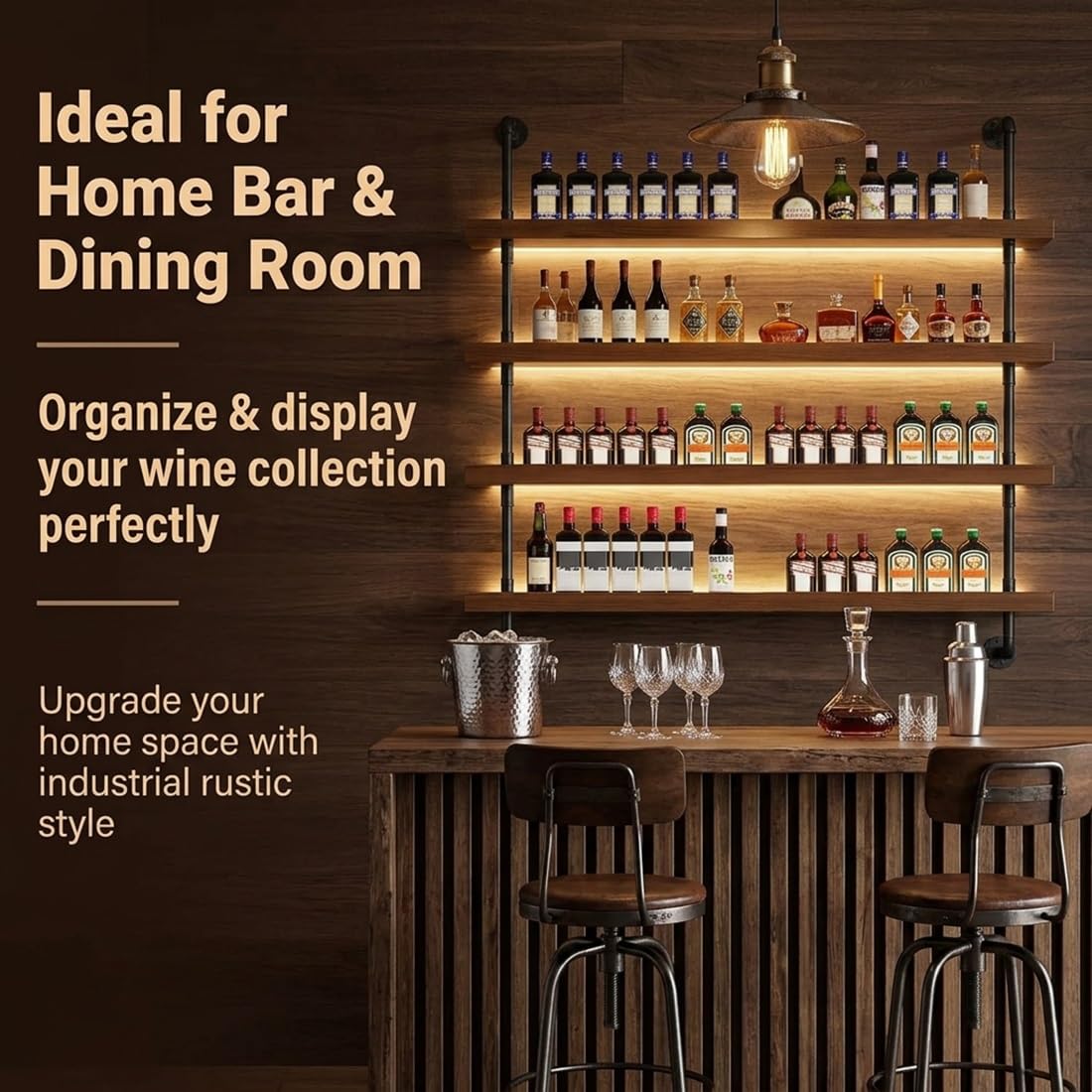 Solid Wood Wine Racks Wall Mounted with LED Lights, Modern Metal Wine Bottles Display Shelf, Industrial Iron Floating Lighted Bar Liquor Whiskey Shelves Rack for Home & Dining Room(150CM/59IN)