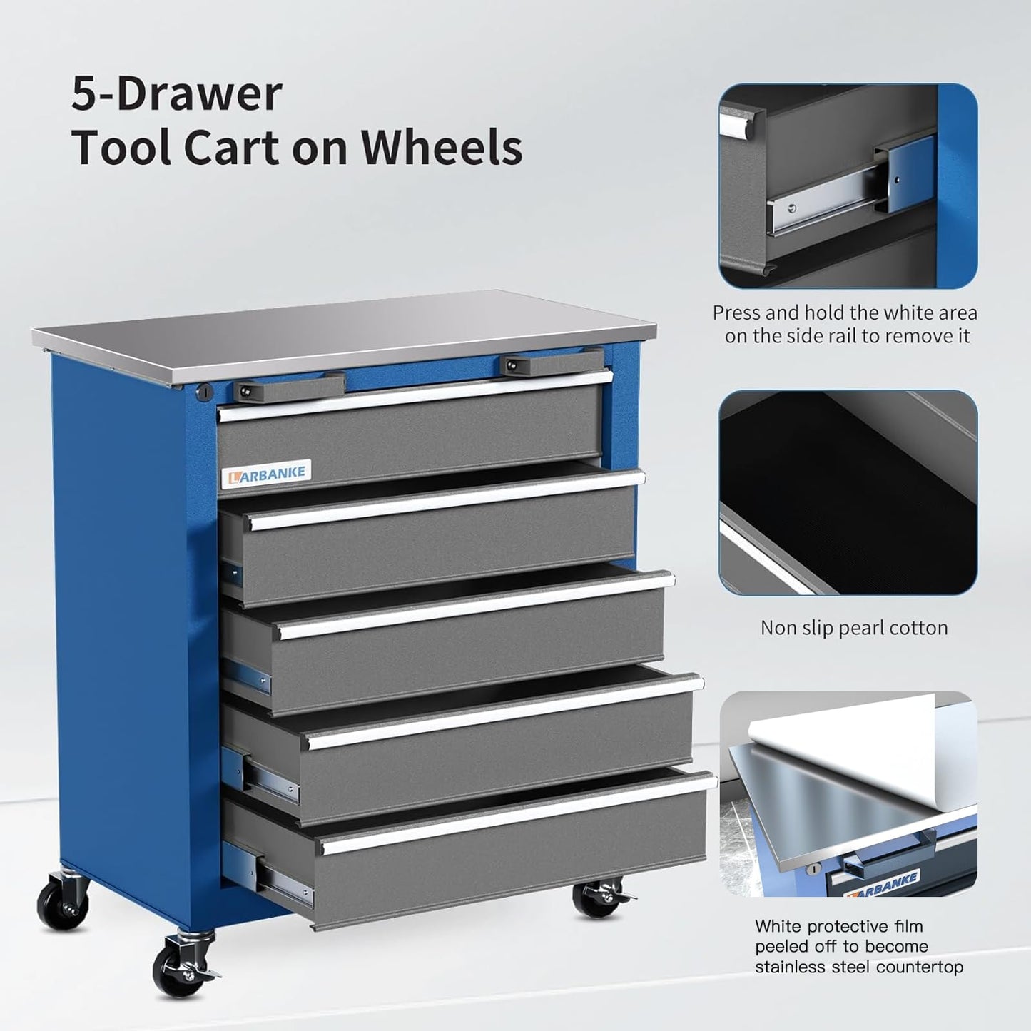 LARBANKE 5-Drawer Rolling Tool Chest,Tool Cabinet on Wheels with Keyed Locking System and Drawer Liners,Tool Chest with Link Buckle and can be Combined to Large Cabinet Set,for Warehouse,Garage