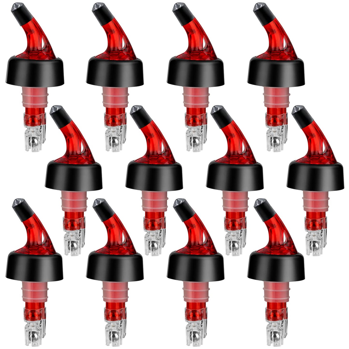 NFFIBDH Automatic Measured Bottle Pourer - Quick Shot Spirit Liquor Pour Spouts with Dust Caps for Wine Cocktail Beverages - Ideal Home Bar Tools 1.5 oz / 45ml (Red, 12 Pack)