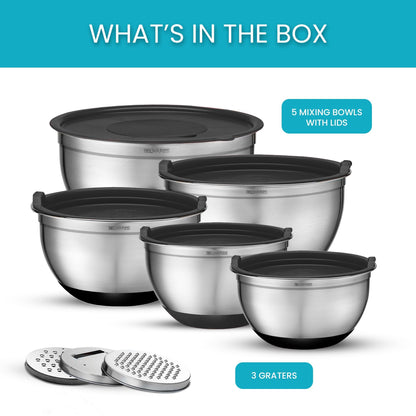 Belwares Mixing Bowls with Lids Set of 5 - Stainless Steel Mixing Bowl Set, Kitchen Nesting Metal Bowls with Non Slip Bottoms + 3 Grater Attachments, Airtight Lids, Food Prep + Storage, Matte Black