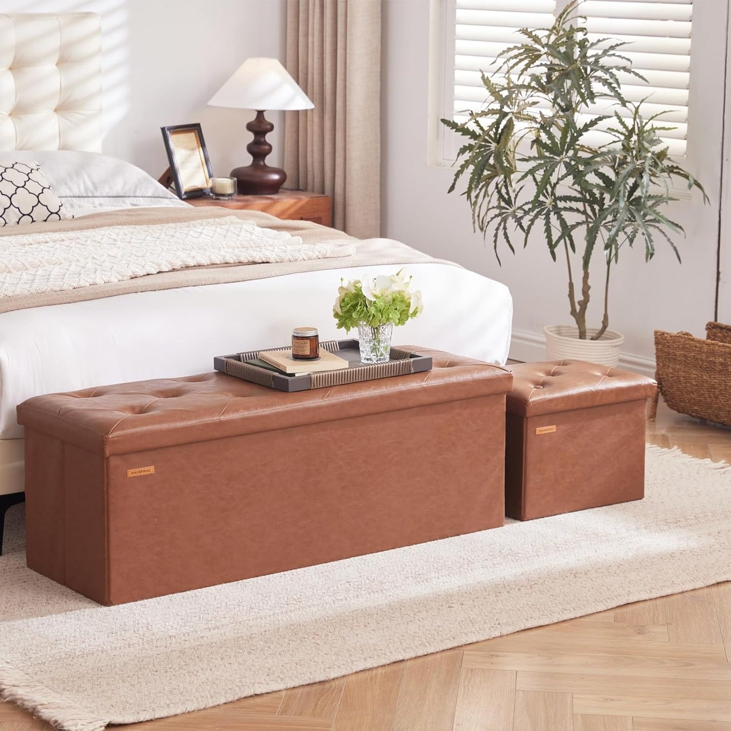 HAUSFRAU Storage Ottoman Foot Rest Stool, Small Folding Ottoman with Storage, Tufted Square Cube Footrest, Faux Leather