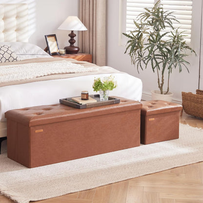 HAUSFRAU Storage Ottoman Foot Rest Stool, Small Folding Ottoman with Storage, Tufted Square Cube Footrest, Faux Leather