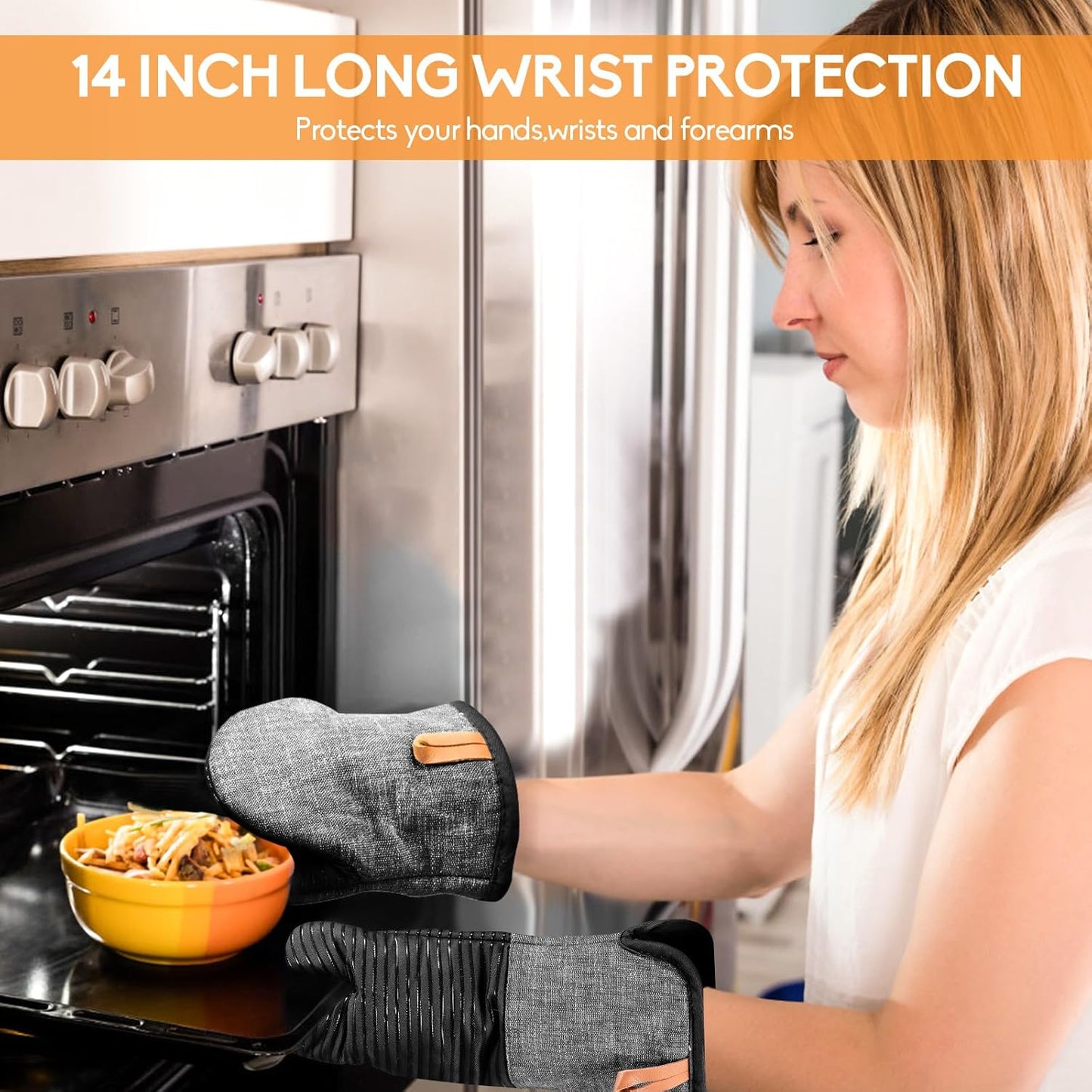 Kitchen Oven Mitts Set of 4, Non-Slip Cotton, Heat Resistant & Machine-Washable, Includes Long Mit, Mini Mitts & Pot