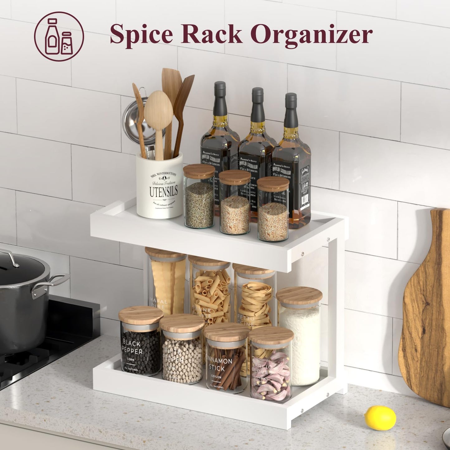 MARTY 2 Tier Spice Rack Organizer for Countertop, 15.8''L Coffee Station/Bathroom Organizer Countertop, Counter Shelf Desktop Storage Organizer for Kitchen, Bedroom, Office (Black)