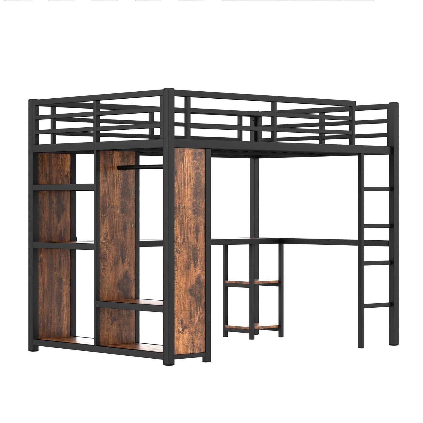 Bellemave Queen Size Loft Bed with Desk and Storage Shelves, Queen Loft Bed with Wardrobe and Hanging Rod, Game Loft Beds with Guardrail, Heavy Duty Loft Beds for Adults, Teens, Black Woodgrain