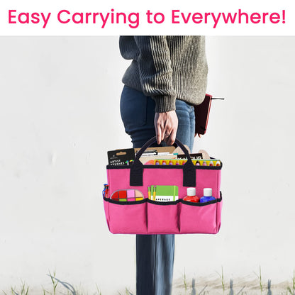 Godery Desktop Tote and Organizer, Teacher Helper Caddy Bag for Arts, Books, Stationery, Office Desk Organization, Make-up Storage with Handles for Travel, Pink