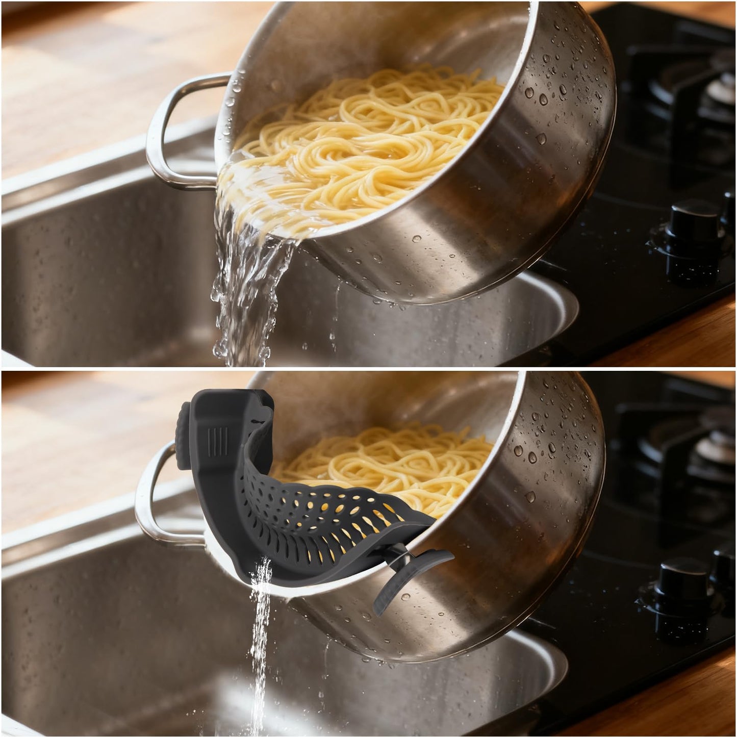 3 Pcs Silicone Clip-on Food Strainer Pasta Strainer for All Pots and Pans, Kitchen Colander for Noodle, Vegetables, Meat, Fruit, Spaghetti