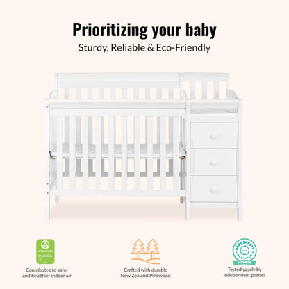 Dream On Me Jayden 4‑in‑1 Mini Convertible Baby Crib & Changer with Storage in White, Pinewood, GreenGuard Gold & BSA, 1” Mattress Pad, 3 Mattress Heights, Converts to Mini Day & Twin-Size Bed