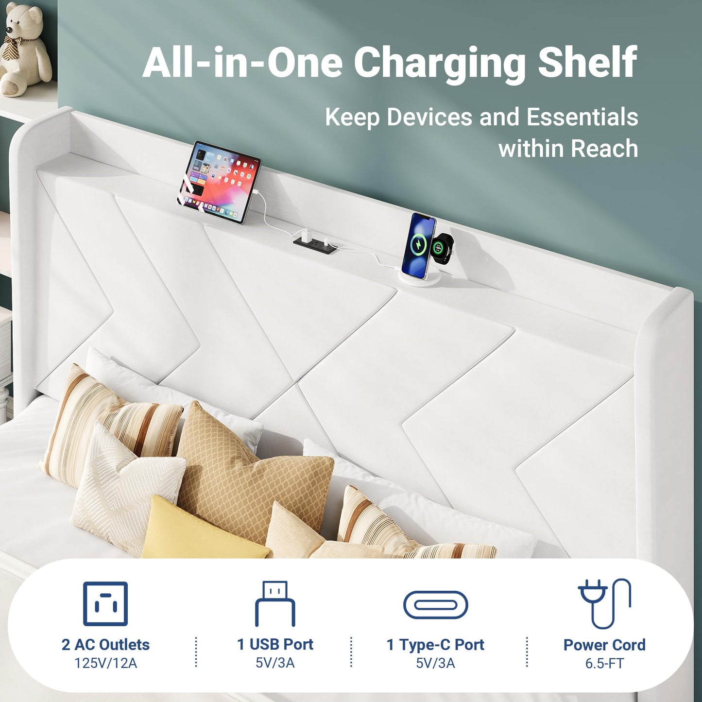 Allewie King Size Platform Bed Frame with Charging Station and Storage Shelf/Upholstered Velvet Wingback Headboard/Wooden Slats Support/No Box Spring Needed/Easy Assembly, White