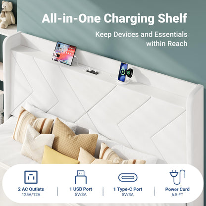 Allewie King Size Platform Bed Frame with Charging Station and Storage Shelf/Upholstered Velvet Wingback Headboard/Wooden Slats Support/No Box Spring Needed/Easy Assembly, White