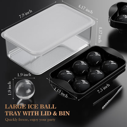 Whiskey Ice Cubes Mold 2 Pack - Round Ice Cube Mold & Ice Ball Maker Set with Storage Bin, Ice Cube Trays with Lid, Tongs for Bourbon & Cocktails, Gifts for Whiskey Lover