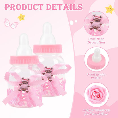 MACTING 2 Dozens Candy Box with 5 Pcs Artificial Flower Rose, 3.5 Inch Feeding Bottle for Baby Shower Favor Gift