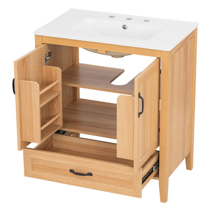 Christopher Knight Home Tessa 30" Bathroom Vanity with Ceramic Sink, Wooden Storage Cabinet with Adjustable Interior Shelf, Bathroom Organizer with Soft-Close Double Doors & Bottom Drawer, Wood