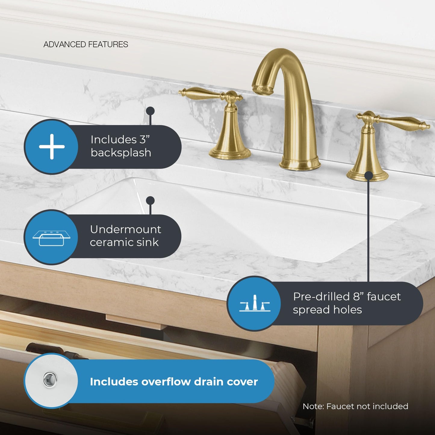 OVE Decors Athea 60 in. Double Sink Freestanding Sahara Birch Bathroom Vanity with White Engineered Marble Top, Matching Backsplash, Power Bar and Brushed Gold Hardware