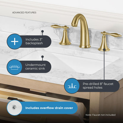 OVE Decors Athea 60 in. Double Sink Freestanding Sahara Birch Bathroom Vanity with White Engineered Marble Top, Matching Backsplash, Power Bar and Brushed Gold Hardware
