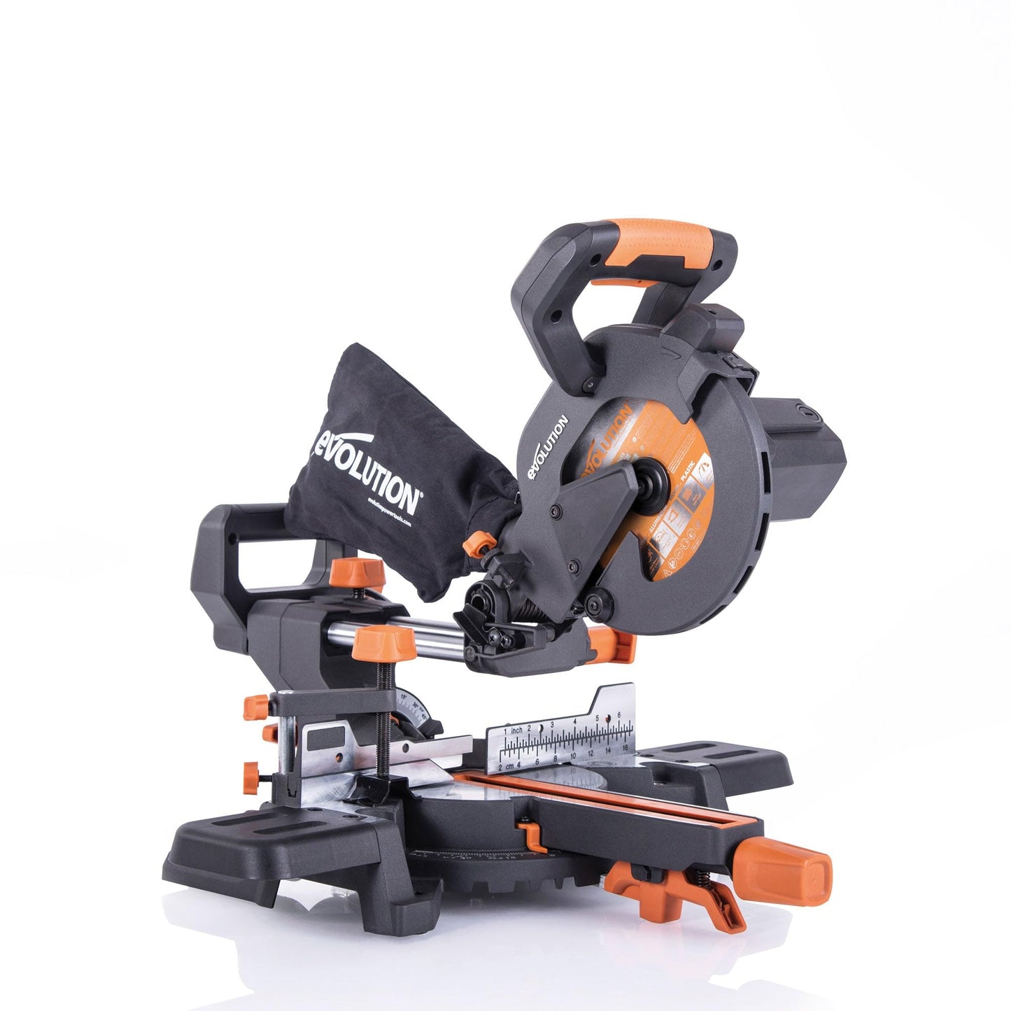 Evolution Power Tools R185SMS+ Sliding Miter Saw with Multi-Material Cutting, 45 Degree Bevel, 50 Degree Miter, 210 mm Slide, Blade Included Cuts Wood Plastic Metal & More, 7-1/4"