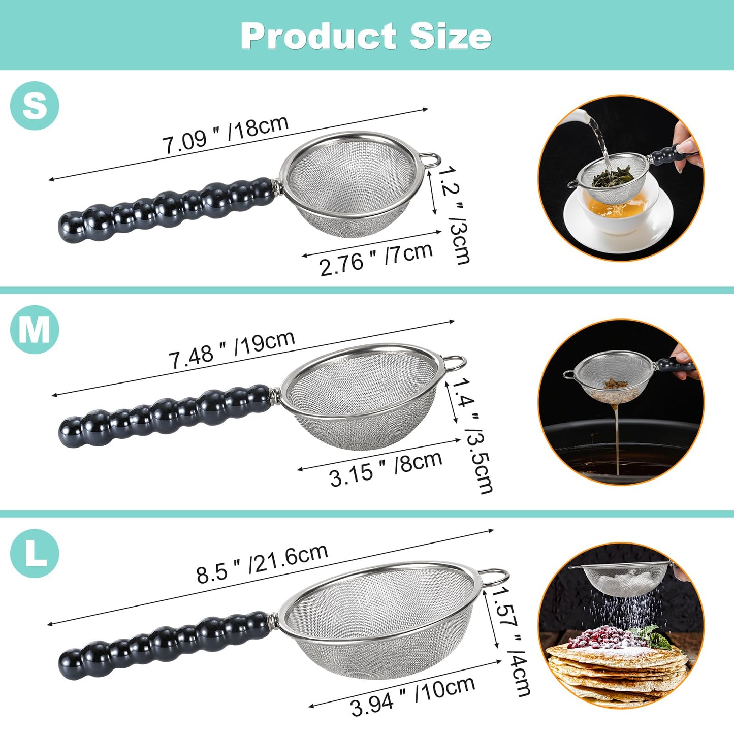3 Sizes（2.76"+3.15"+3.94") Single Fine Mesh with Non-Slip Ceramic Handle,Perfect for Sift, Strain, Drain Rinse Vegetables