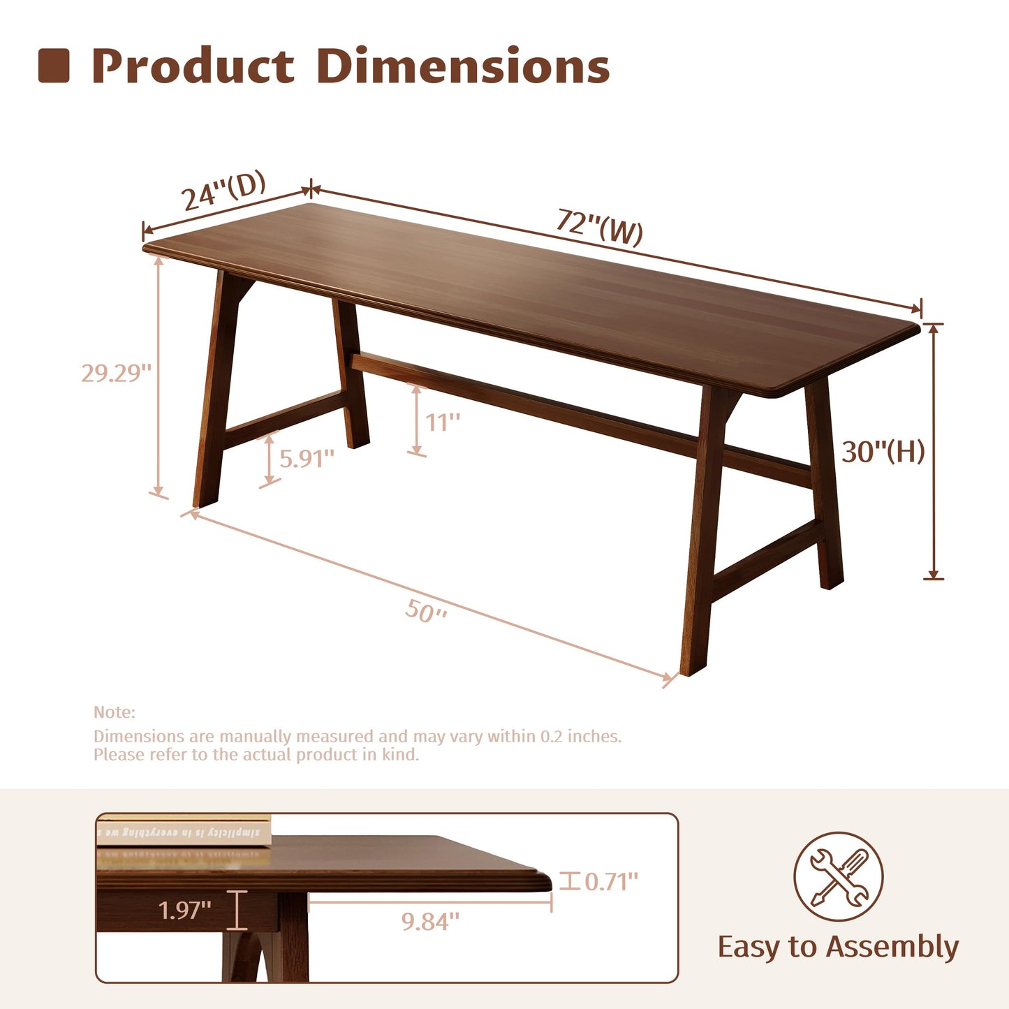 IOTXY Solid Wood Writing Table - 72" W x 24" D Minimalist Long Computer Desk for Home Office, Work, Study, Creativity, and PC Workstation, Walnut