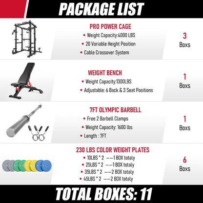 Sportsroyals Power Cage, Multi-Functional Squat Rack, Power Rack with Pulley System & LAT Pull Down, Workout Cage with J Hooks for Home Gym