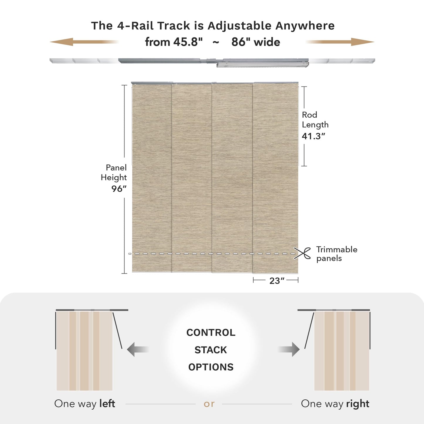 GoDear Design 99.99% Blackout Adjustable Sliding Panel Track Blinds for Sliding Glass Doors 45.8"- 86" W x 96" H, Extendable Vertical Blinds, Trimmable Natural Woven Panel, Bali Cottages