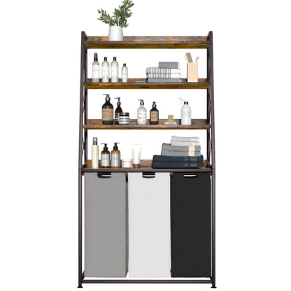 Herture Laundry Basket, 3 Section Laundry Hamper with 4 Tiers Shelf, Pull-Out and Removable Laundry Bags, Large 3 x 15.87 Gallons, for Laundry Room Bathroom Rustic Brown PF05XLN