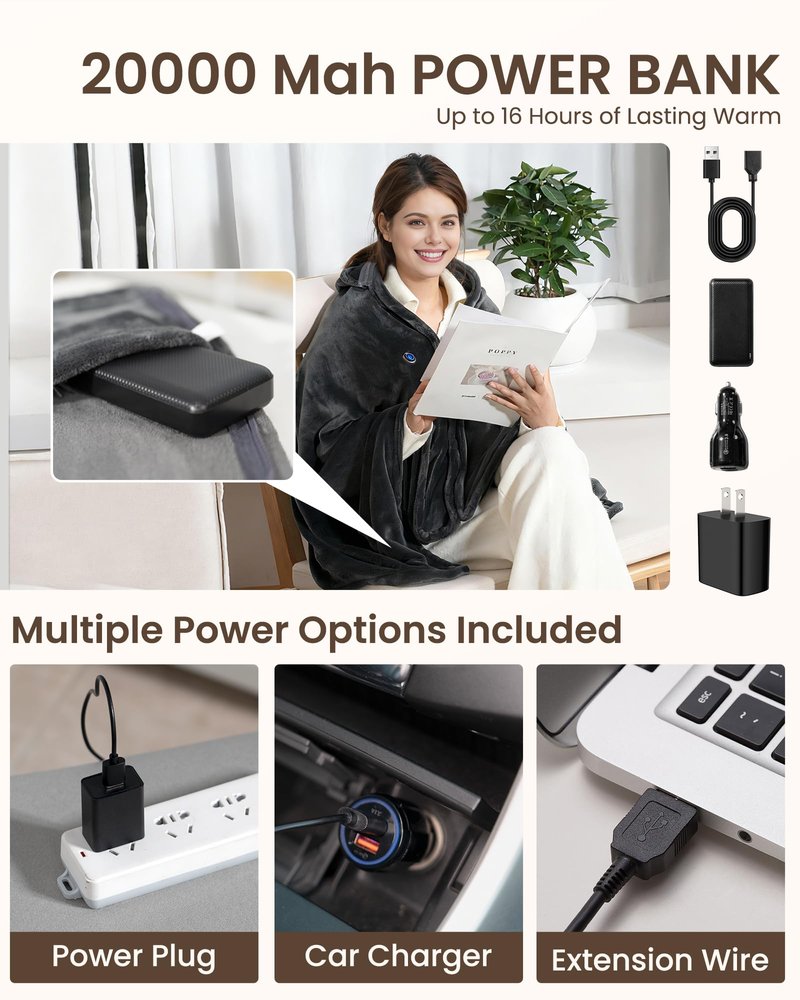 Cordless Heated Blanket with Hood, USB Battery Powered Heated Wearable Blanket with 9 Heating Zones, 20000 mAh Power Bank, 3 Levels, Portable Heated Throw Blanket, Heated Shawl (Warm Comfort Gray)