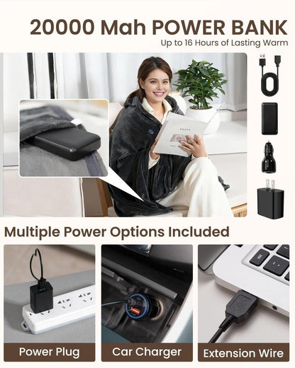 Cordless Heated Blanket with Hood, USB Battery Powered Heated Wearable Blanket with 9 Heating Zones, 20000 mAh Power Bank, 3 Levels, Portable Heated Throw Blanket, Heated Shawl (Warm Comfort Gray)
