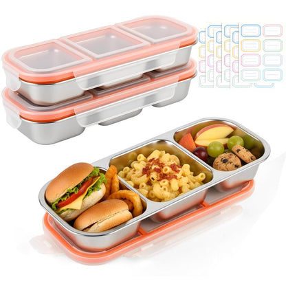 2 Pack Stainless Steel Snack Containers, 3 Compartment Snack boxes, Reusable Snack Containers with Lids for Adults - Leakproof Divided Metal Food Storage Bento Lunch Box for Work, Office, Travel