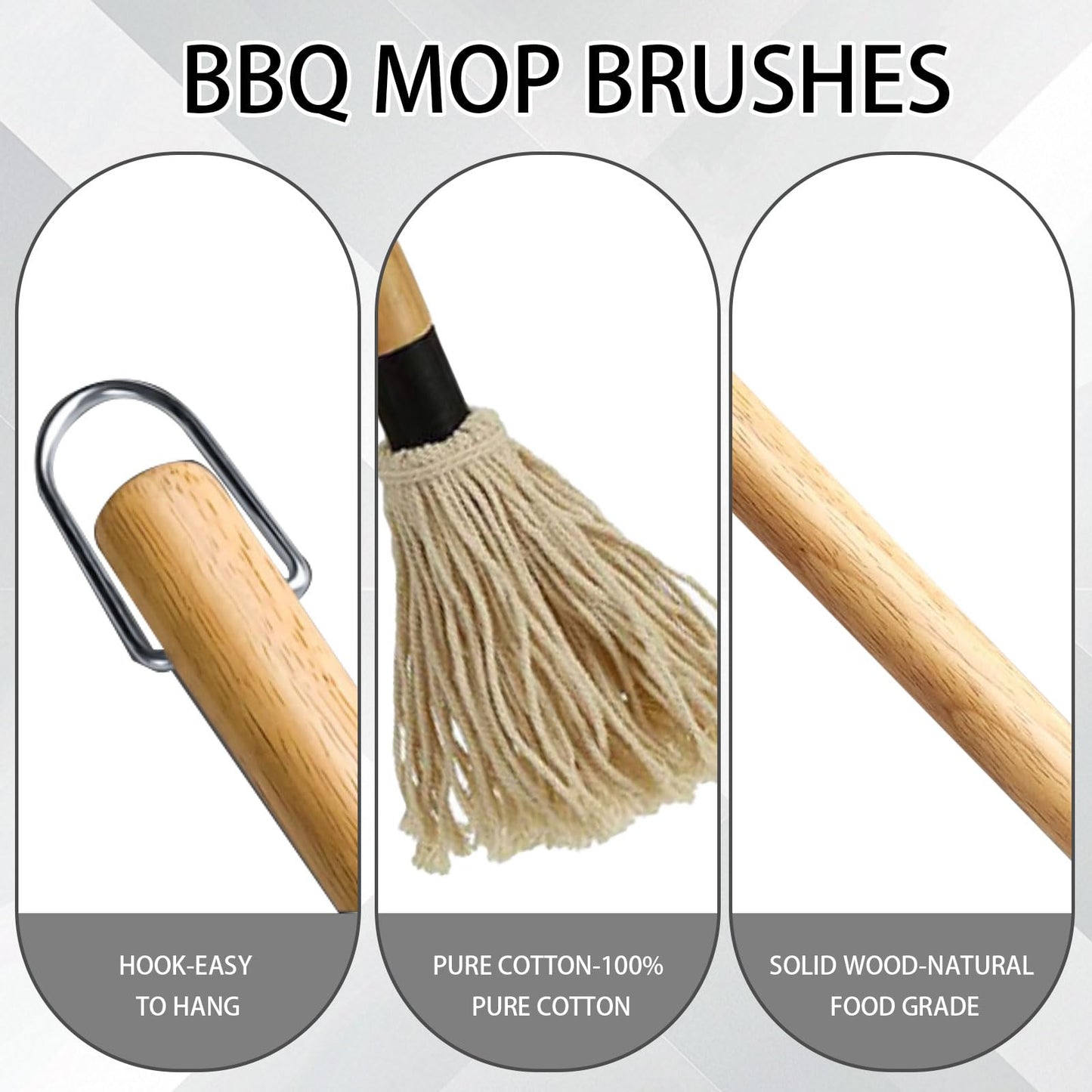 XMSTOY BBQ Mop Brushes for Sauce, Grill Basting Mop Wooden Long Handle BBQ Mop with 4 Extra Replacement Heads Perfect for BBQ Grilling Smoking Steak Marinade or Glazing (18 Inch)